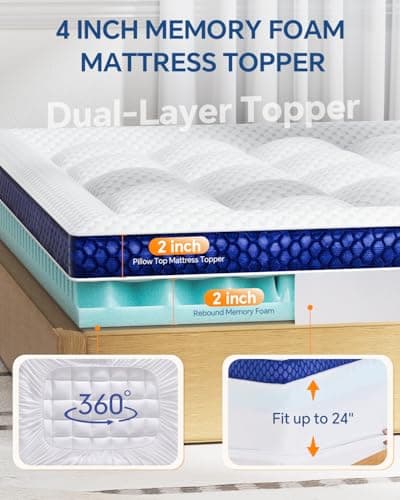 BEDELITE Twin XL Mattress Topper College Dorm Room Essentials, Dual Layer 4 Inch Memory Foam Mattress Topper, Pilow Top Mattress Pad and Premium Gel Foam Mattress, Fits Twin XL Mattress - Thumbnail 5