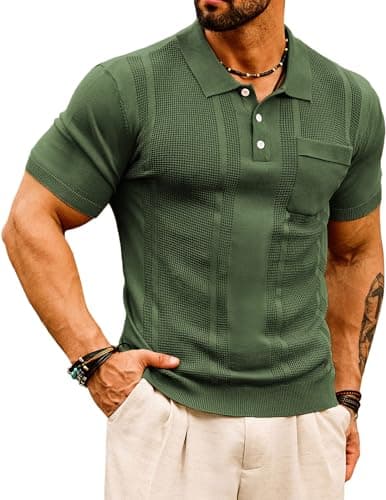 GRACE KARIN Men's Knit Polo Shirt Short Sleeve Casual Solid Waffle Texture Golf Shirts with Pocket Army Green XXL - Image 1