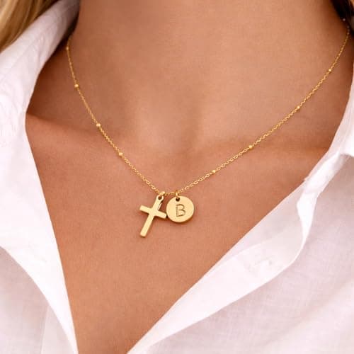 Fohufo Gold Cross Necklace for Women - Easter Basket Stuffers for Adult, Christian Gifts for Women Gold Cross Necklace, Initial Necklaces, Easter Christian Birthday Gifts, B Initial Necklaces - Thumbnail 2