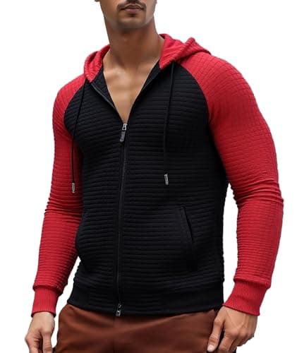 Men's Zip Up Hoodie Waffle Knit Hood Lightweight Long Sleeve Drawstring Casual Sweatshirt Warm Jacket with Pocket - Image 1