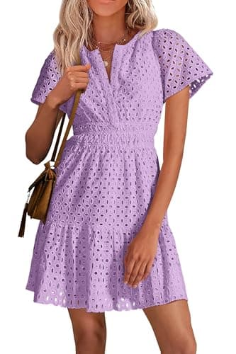 PRETTYGARDEN Womens 2026 Summer Short Dress V Neck Short Sleeve A Line Hollow Out Lace Ruffle Cute Casual Beach Party Dresses (Purple,Small) - Image 1