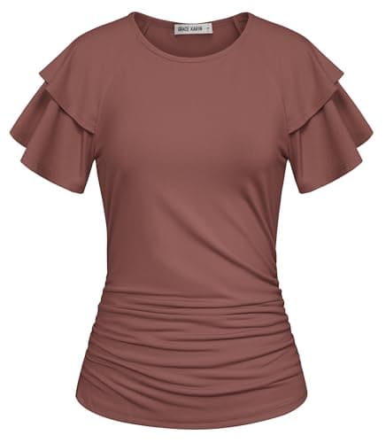 GRACE KARIN Summer Tops for Women Dressy Casual, Ruffle Short Sleeve Work Shirt, 2026 Spring Blouses Chocolate Brown X-Large - Image 1