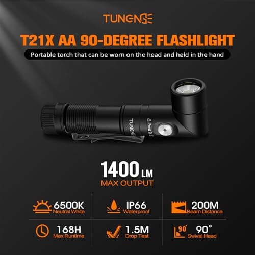 TUNENGE T21X 1400 Lumen Small LED Flashlight Rechargeable, Super Bright 90 Degree EDC AA Pocket Flashlight with Magnet, Adjustable Headlamp, Mini Tactical Light & Clip for Camping Running Hiking - Thumbnail 2