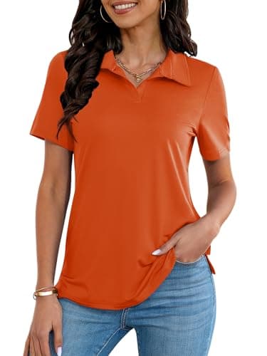 MK Shop Limited Polo Shirts for Women Business Casual Work Lapel Collared Tops V Neck Short Sleeve Summer Quick Dry Golf Polos Tunic Blouse Orange XXL - Image 1