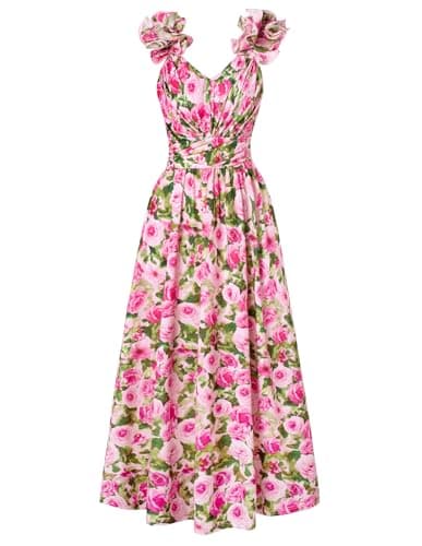 GRACE KARIN 2025 Women's Summer Floral Print Sleeveless Long Casual Flowy A Line Ruffle Wedding Guest Maxi Dress Pink Green S - Image 1