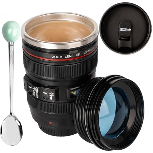 AMZHUB Camera Lens Coffee Mug,Travel Coffee Cup,Stainless Steel Lens Mug Thermos Camera Mugs with Lid and Spoon,Cool Gifts for Photographers Men and Women - Image 1