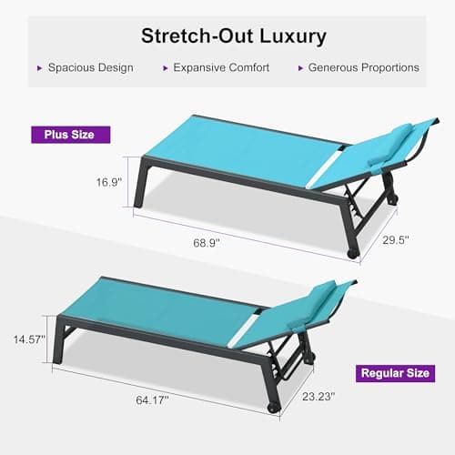 PURPLE LEAF Outdoor Oversized Lounge Chair Set of 3 Patio Chaise Pool Lounger Aluminum Frame with Side Table and Wheels for Outside Sunbathing Tanning Recliner Including Pillows Turquoise Blue - Thumbnail 4