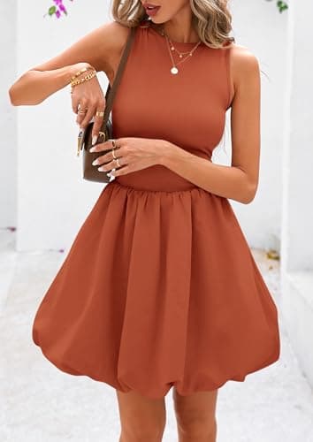 PRETTYGARDEN Summer Dresses for Women 2026 Causal Sleeveless Tank Mini Short Dress Crew Neck Bubble Sundress with Pockets (Orange,X-Large) - Thumbnail 5