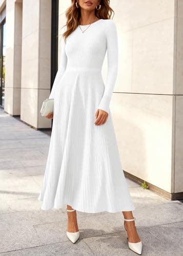 KIRUNDO Women Sweater Dress Holiday Ribbed Knit Long Sleeve Slimming Maxi Dress Fall Pleated Elegant A Line Winter Dresses(White, Medium) - Thumbnail 2