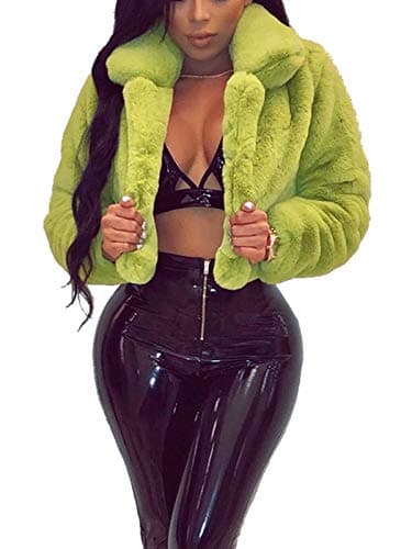 RAMOUG Women's Faux Fur Coats Winter Solid Lapel Short Fleece Cropped Jackets Parkas Wool Coat Light Green M - Image 1