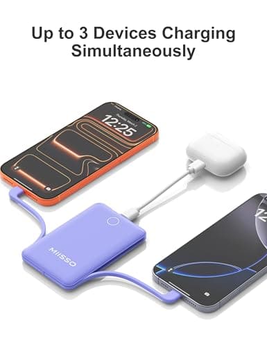 10000mAh Compatible with iPhone 15/16/17 and Android, Slim Portable Charger with Built in Cable, Power Bank Travel Charger External Battery Pack for Phone, 3 Output USB Type C, 2 Pack White & Purple - Thumbnail 3