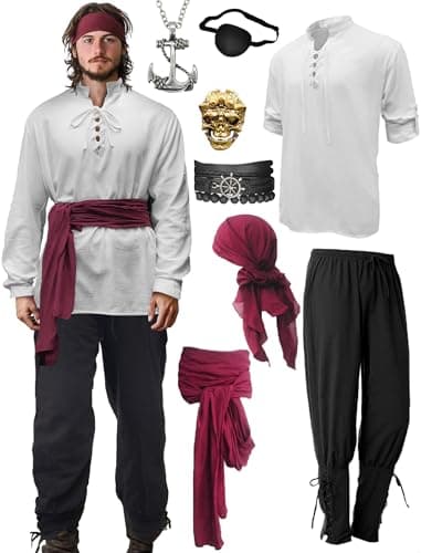 Verceco Mens Pirate Costume Outfit Renaissance Costume Men Medieval Outfit With Pirate Pants Shirts Sash Accessories (white, Medium) - Image 1