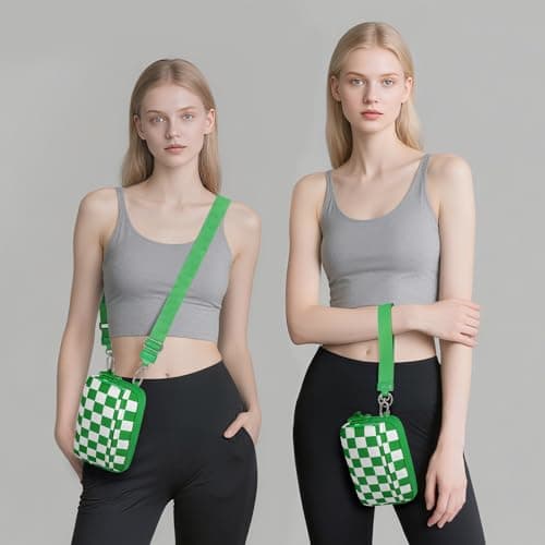 WOOMADA Checkerboard Nylon wristlet wallets for women - Crossbody Bag with Credit Card Holder & Cell Phone Organizer(Kelly Green Checkerboard) - Thumbnail 2