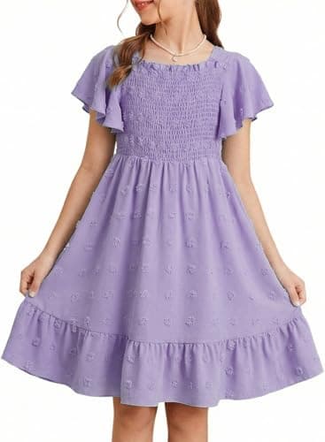 DOKOTOO KIDS Girls Summer Dresses Tween Short Sleeve Smocked Polka Dot Fancy Funeral Dress Girl Boho Trendy A Line Ruffle Beach Sundress Purple Size 6 7 Years Old - Image 1