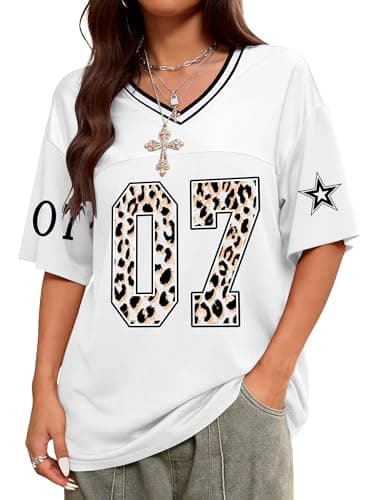 TAKEYAL Oversized Tshirts for Women Football Jersey V Neck Vintage Graphic Tees Summer Y2K Womens Tops Trendy X-Large White - Image 1