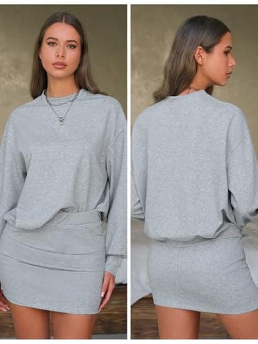 EXLURA Womens Fall Two Piece Skirt Sets Long Sleeve Mock Neck Sweatshirt Skort Matching Set Casual Lounge Tennis Outfits 2025 - Thumbnail 5