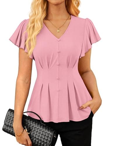 GRACE KARIN Summer Blouses for Women Dressy Casual, 2026 Ruffle Sleeve Peplum Tops, V Neck Business Work Shirts Pink M - Image 1