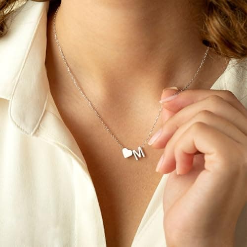 Turandoss Heart Initial Necklace for Women, 18K-White-Gold-Plated Heart Initial C Dainty Necklaces Tiny Silver Necklaces Birthday Gifts for Women Jewelry - Thumbnail 4