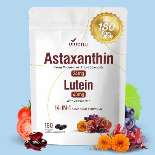 VivoNu 14-in-1 Astaxanthin 24mg & Lutein 40mg with Zeaxanthin Supplements, 6 Month Supply, Fresh Microalgae Source, Gluten Free Non-GMO, Supports Eye, Skin, Antioxidant, 180 Softgels, 1 Bag - Image 1