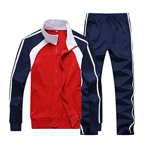 Sun Lorence Men's Athletic Running Tracksuit Set Casual Full Zip Jogging Sweat Suit (X-Large, Red) - Image 1