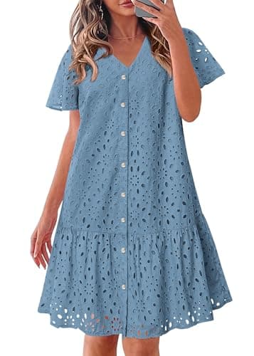 KIRUNDO Eyelet Dresses for Women 2026 Spring Summer Short Sleeve Button Down Loose Mini Babydoll Dress Beach Vacation Clothes(Grey Blue, X-Small) - Image 1