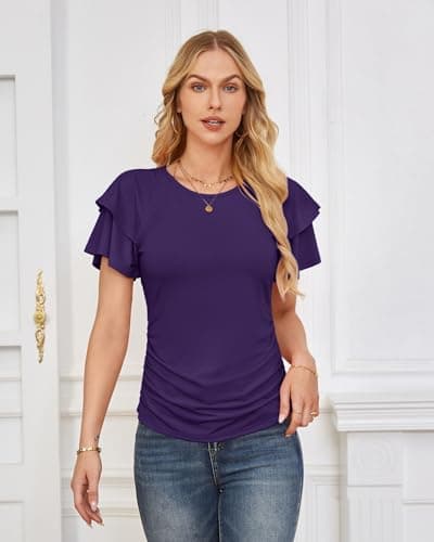 GRACE KARIN Summer Tops for Women Dressy Casual, Ruffle Short Sleeve Work Shirt, 2026 Spring Blouses Dark Green Small - Thumbnail 3