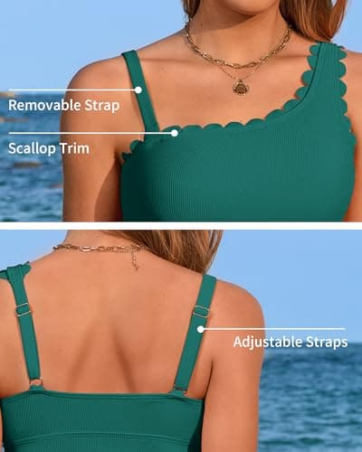 ANFILIA One Shoulder Tankini Swimsuit for Women Tummy Control Two Piece Bathing Suit Scalloped Swimwear with Bottom Jade Green - Thumbnail 4