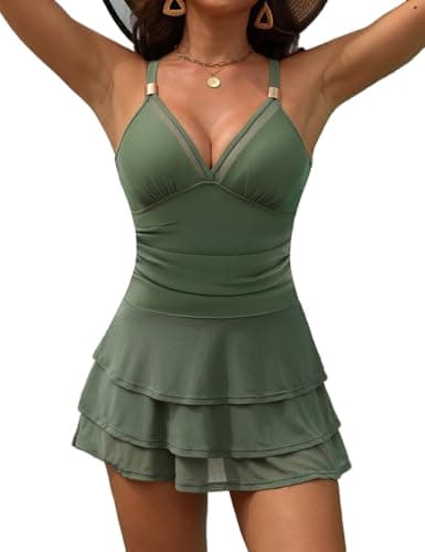 CiCiBird Women One Piece Swimsuit Tummy Control Bathing Suit Mesh Wraps Metal Swim Dress Skirt Swimwear Army Green M - Image 1