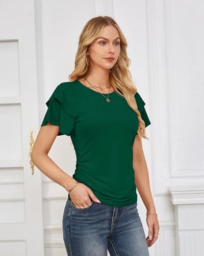 GRACE KARIN Summer Tops for Women Dressy Casual, Ruffle Short Sleeve Work Shirt, 2026 Spring Blouses Dark Green Small - Thumbnail 4