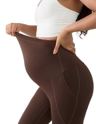 BRATUC Maternity Flare Pants Buttery Soft Bootcut Pregnancy Yoga Leggings Over Belly Workout Bell Bottoms with Pockets (X-Large, Coffee Brown) - Thumbnail 4