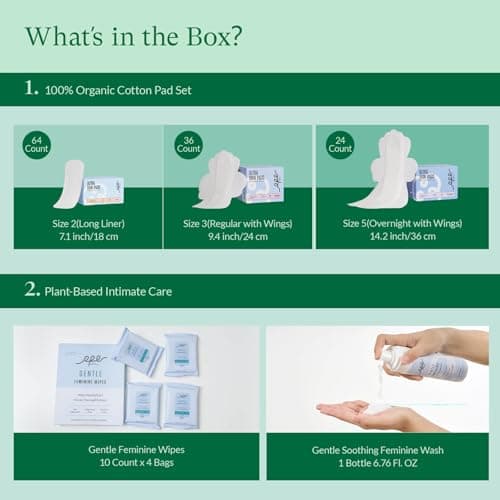 Rpe Life Feminine Care Bundle, Period Essentials 100% Organic Cotton Pads for Women, Size 2,3,5 Sanitary Napkins 124 Ct, Flushable Gentle Feminine Wet Wipes, Plant-Based Soothing Feminine Wash - Thumbnail 2