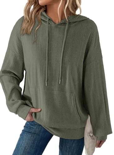 Dokotoo Women's Fall Long Sleeve Hoodies Casual Ribbed Knit Solid Color Sweatshirt for Women 2025 Loose Fit Fashion Drawstring Hooded Sweatshirts Green Medium - Image 1