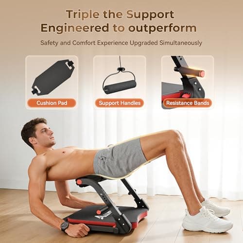 ALLYOUGER Ab Machine for Home Gym, Foldable Sit Up Exercise Equipment with 3 Resistance Levels & Auto-Rebound, Adjustable Core & Ab Trainer for Full Body Workout, Stomach Exercise Machine (Red） - Thumbnail 6