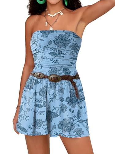 STOLKISS Strapless Rompers for Women Floral Print Shorts Jumpsuits Sleeveless Off Shoulder Loose Tube Top Romper with Pockets - Image 1