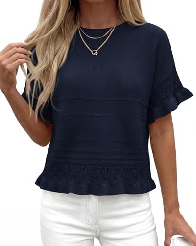 KIRUNDO Short Sleeve Sweater for Women 2026 Spring Summer Tops Crochet Round Neck Ruffled Hem Knit Pullover Casual Blouse(Navy Blue, XX-Large) - Thumbnail 3