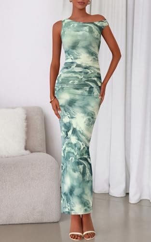 PRETTYGARDEN Women's 2026 Summer Floral One Shoulder Maxi Dress Stretch Sexy Bodycon Dress Slip Cocktail Long Dresses (Floral Grey Green, Small) - Thumbnail 3