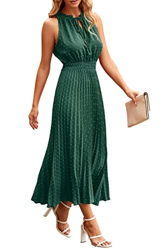 PRETTYGARDEN Women's Midi Summer Dresses Casual V Neck Swiss Dot Ruffle Sleeveless A Line Beach Sun Dress (Dark Green,Small) - Image 1