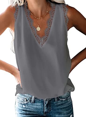 BLENCOT Women Lace Trim Tank Tops Summer V Neck Fashion Sleeveless Blouse Business Casual Outfits Vest Spring Shirts Large A Light Gray - Image 1