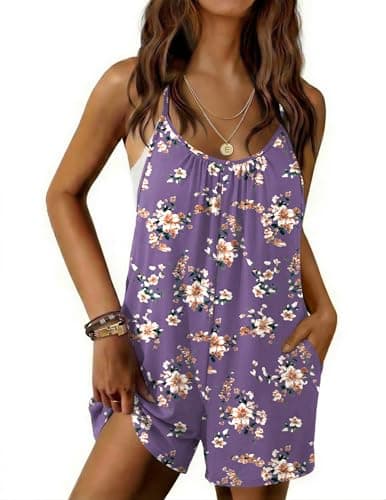 Ekouaer Sleeveless Rompers for Women Summer Casual Spaghetti Strap Shorts Overalls Jumpsuits Beach Outfits With Pockets Purple Floral Small - Image 1