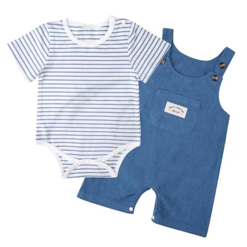 JiuBreeze Baby Boys Bodysuit Summer Clothes Set 2-pcs Striped Romper & Overalls Shorts Set Jumpsuit 0-12 Months (Blue, 6-9M) - Image 1
