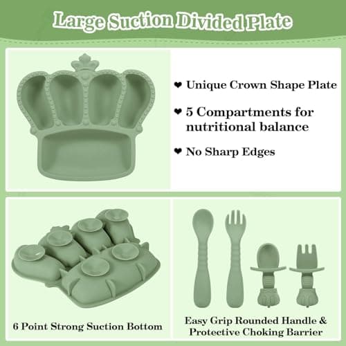 BXLL Olive Green 10 Pcs Baby Led Weaning Supplies - Silicone Baby Feeding Set with Suction Bowl, Divided Plate, Bibs, Fruit Feeder, Pacifier, Spoons, Forks, Sippy Cup & Snack Cup - Thumbnail 3