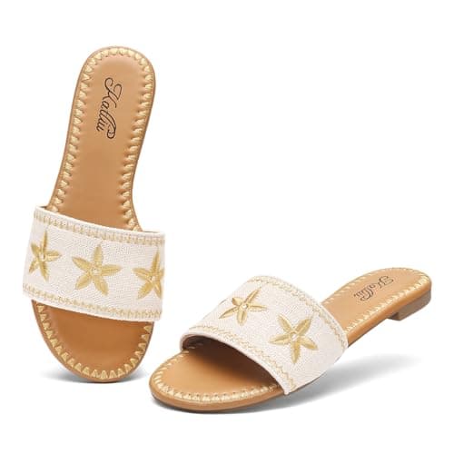 katliu Women's Flat Sandals, Boho Embroidery Floral Sandals, Vacation Slide Sandals Gold 7.5 - Image 1
