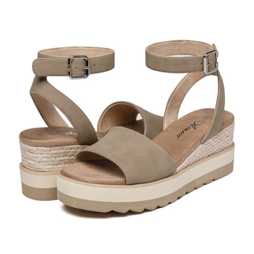 Athlefit Women's Platform Sandals Buckle Ankle Strap Open Toe Espadrille Khaki Wedge Sandals Size 8 - Thumbnail 6