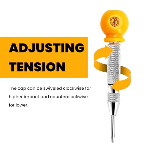 MulWark 5" Spring-Loaded Automatic Steel Center Hole Punch Marker Scriber for Wood, Metal, Plastic, Car Window Puncher Breaker Tool-with Palm Cushion Cap, Adjustable Impact-A Replacement Tip Included - Thumbnail 5