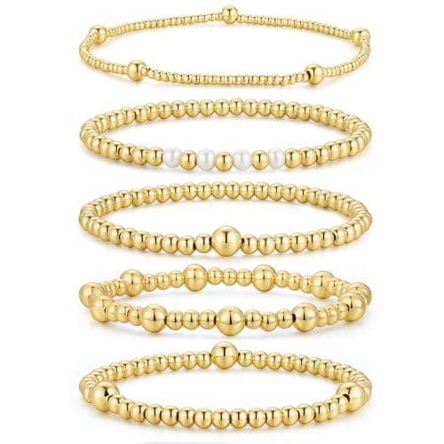 M MOOHAM Easter Gifts for Kids Teens Women Toddlers - Dainty Pearl Beaded Ball 14K Gold Plated Bracelet Stackable Stretch Bracelets Set Stack for Women Trendy Non Tarnish Adjustable Jewelry Gifts - Image 1