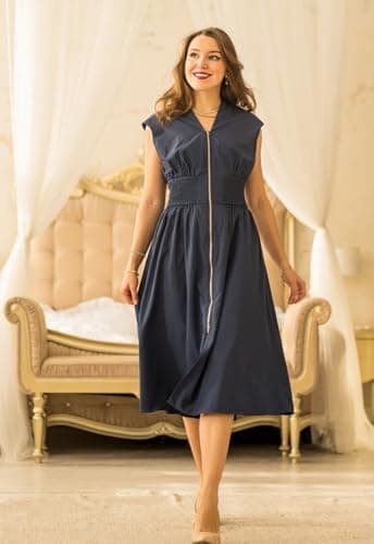 GRACE KARIN Sleeveless Dress for Women V Neck Cap Sleeve Smocked High Waist Flowy Work Dress with Zipper Navy Blue 2XL - Thumbnail 4