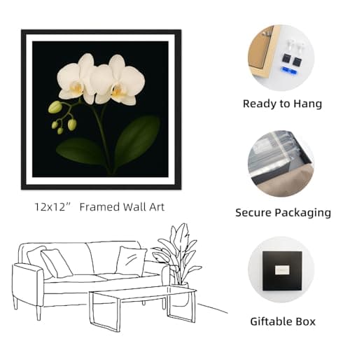 Moonow7 Framed White Orchid Wall Art for Living Room – Small Vintage Floral Print for Bedroom, Nature Gallery Wall, Flower Painting Picture, Moody Minimalist Flower Wall decor, Size 12x12” - Thumbnail 2
