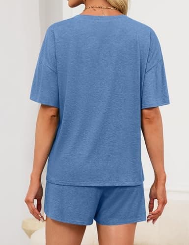 JUSTFASHIONNOW Pajama Shorts Set for Women 2 Piece Short Sleeve Lounge Sets Sleepwear Comfy Split Short Pajama Set Soft Summer Outfits Loungewear Pj sets Blue L - Thumbnail 5