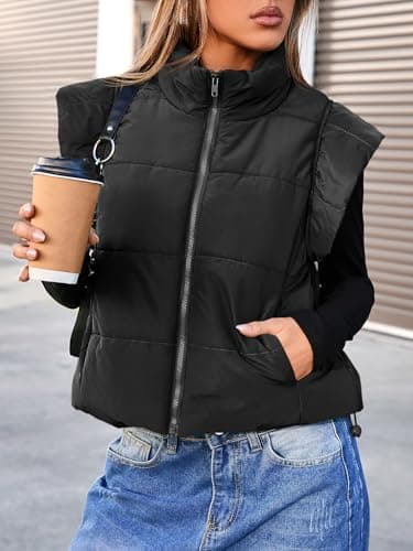 Tankaneo Womens Cropped Puffer Vest Cap Sleeve Zip Up Puffy Qulited Jacket Stand Collar Padded Gilet Coat Winter Outerwear - Thumbnail 2