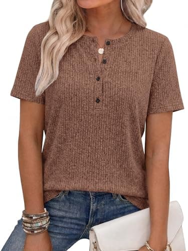 ANRABESS Womens Tops Short Sleeve Henley Shirts Dressy Casual Blouse Summer Cute Tshirt 2026 Spring Lightweight Tunic Sweater Brown XX-Large - Image 1